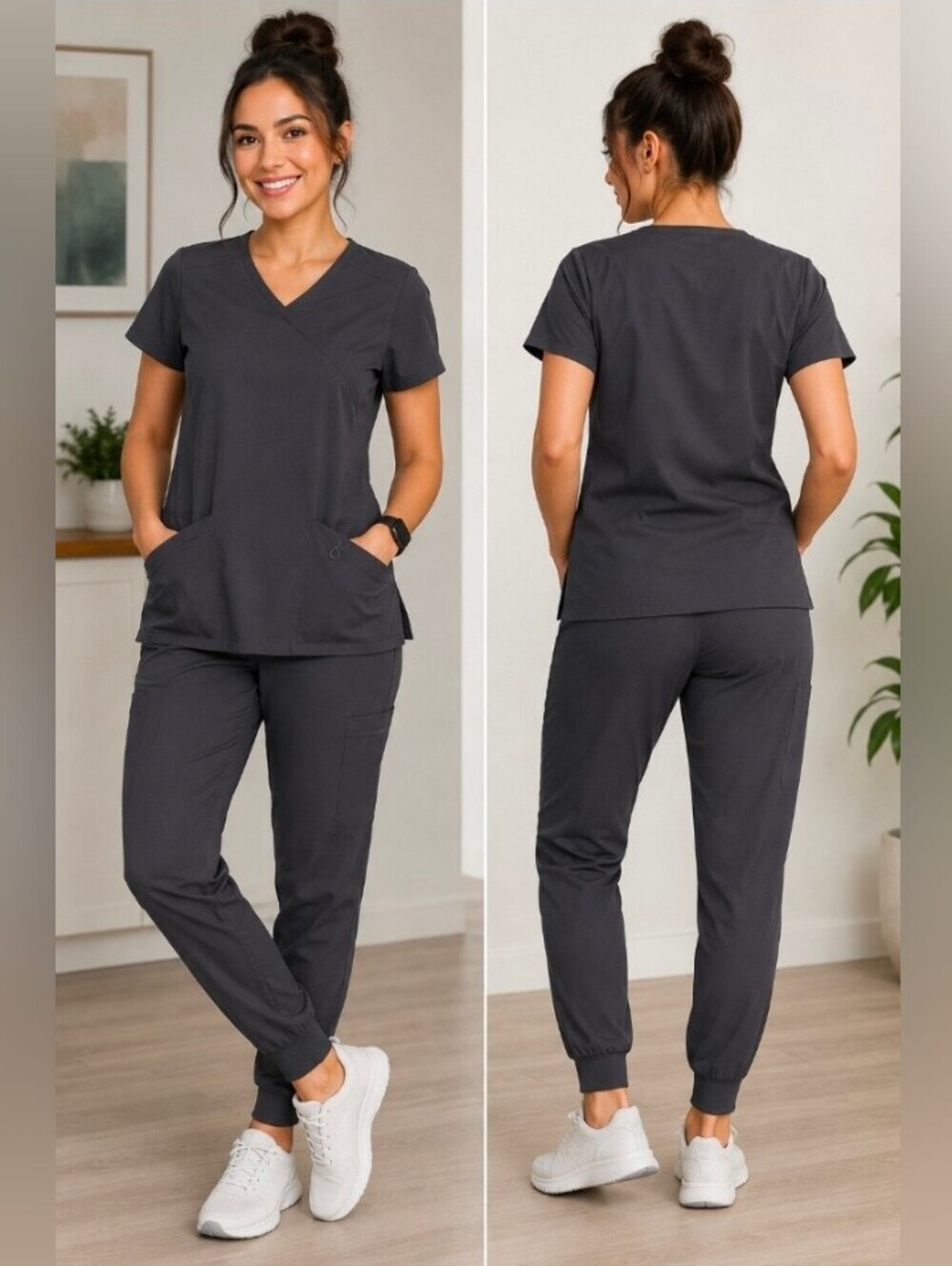 HEAL Wear Scrub Set Women's L Top M Jogger Pants Charcoal Gray Stretch Nursing